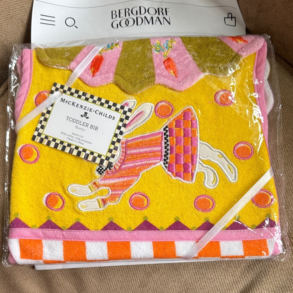 MacKenzie-Childs Yellow Bunny Toddler Bib with Pink and Orange Accents